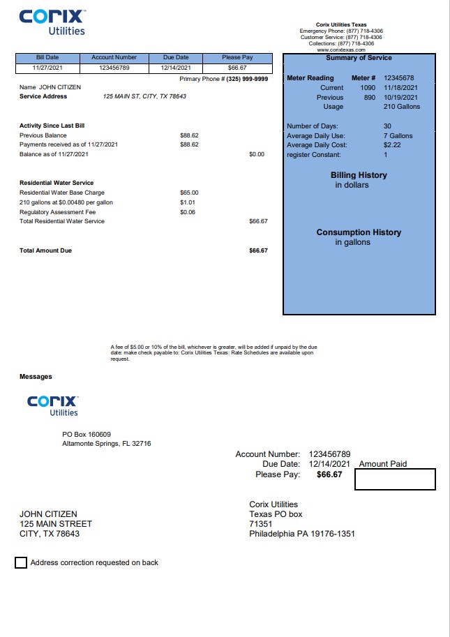 USA Corix Utilities bill template in Word and PDF format